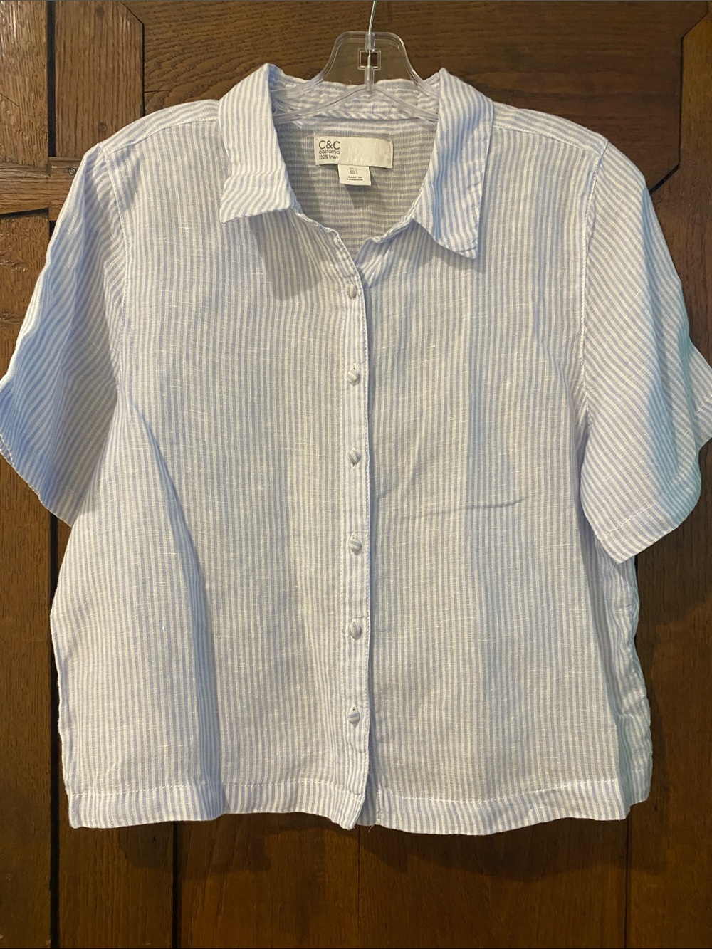 C&C California Light Blue and White Striped Short-Sleeve Button-Up Shirt